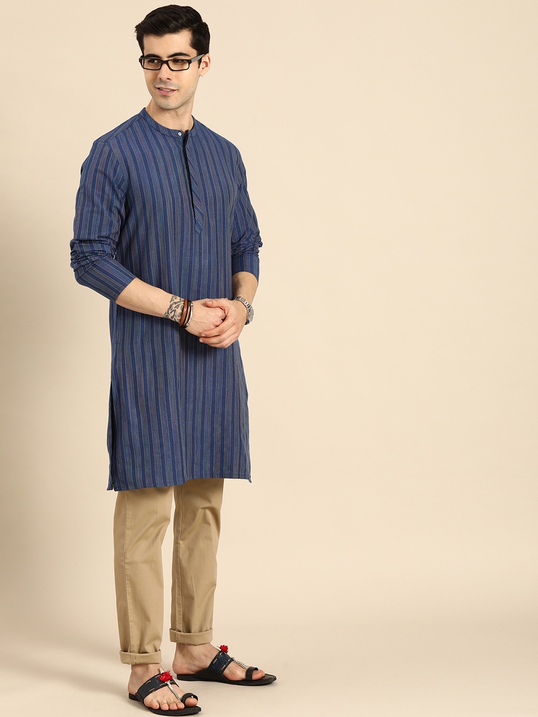 

Anouk Men Blue Striped Straight Kurta