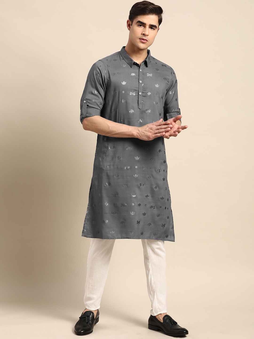 

Anouk Men Printed Shirt Collar Straight Kurta, Charcoal