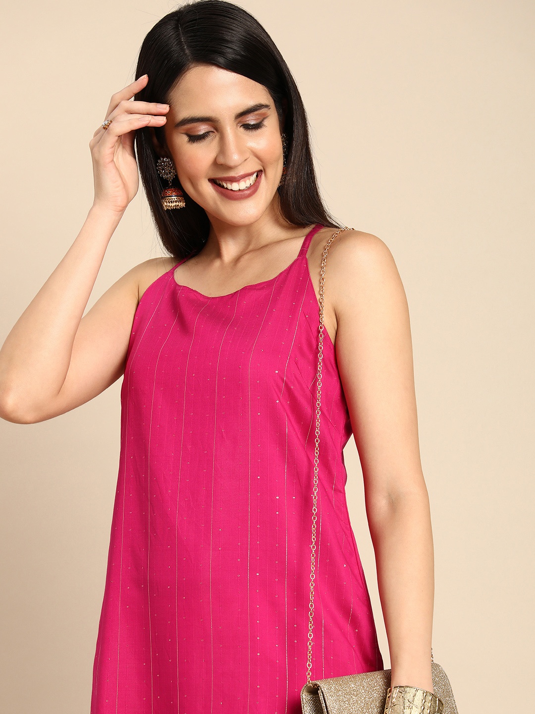 

Anouk Women Sequins Striped Straight Kurta, Pink