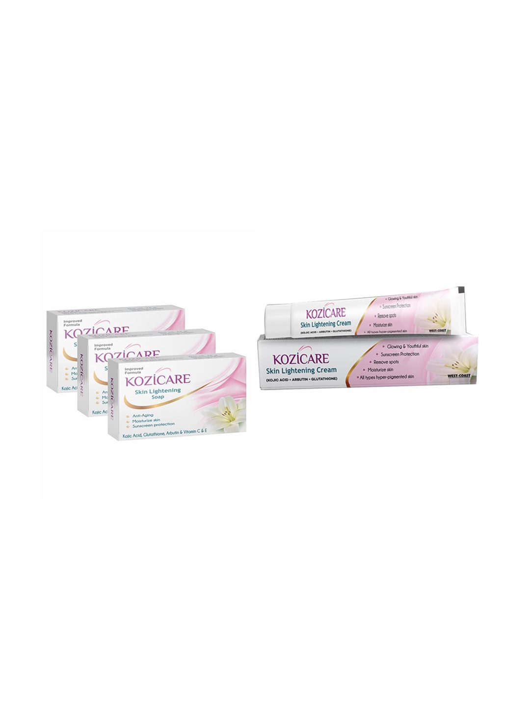

KOZICARE Skin Lightening Kit 3 Soap 1 Cream, White