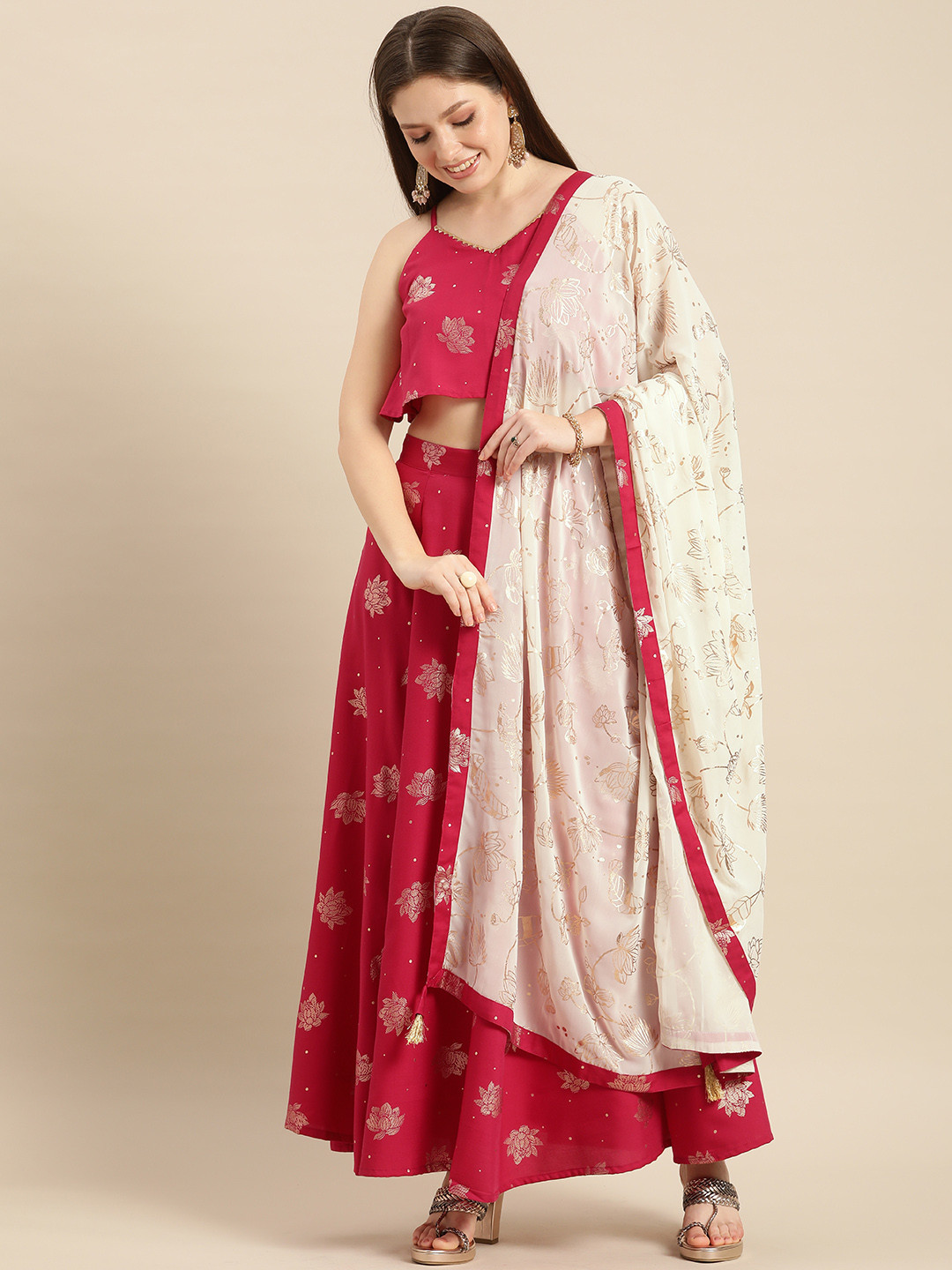 

Anouk Pink Printed Ready to Wear Lehenga & Blouse With Dupatta