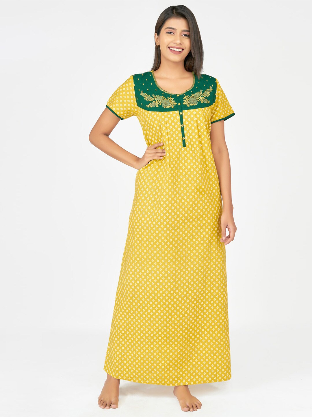 

Maybell Women Yellow Printed Maxi Pure Cotton Nightdress