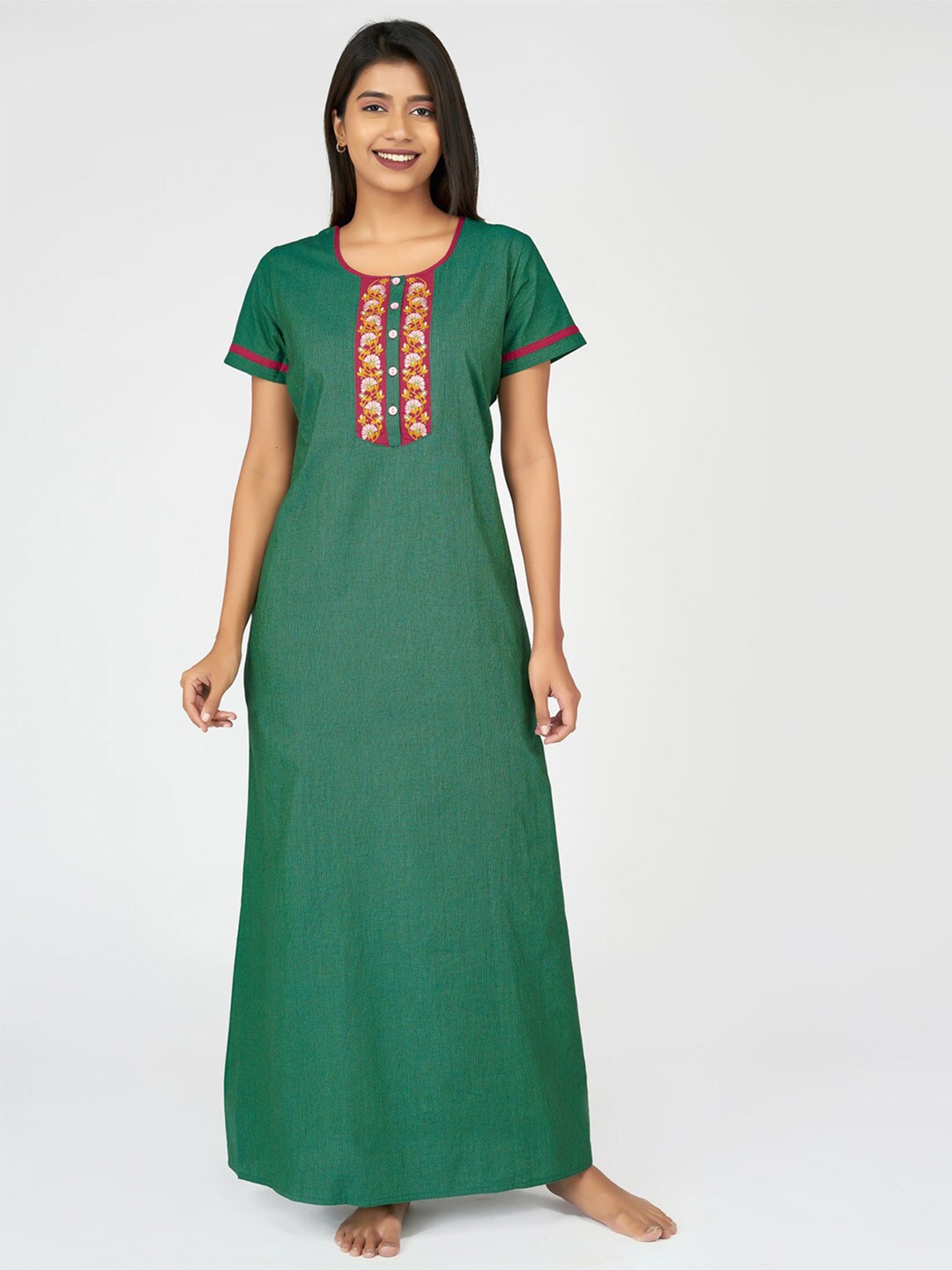 

Maybell Green Checked & Floral Embroidered Maxi Nightdress