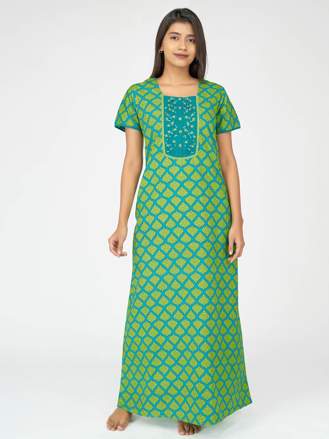 

Maybell Green Embroidered Pure Cotton Maxi Nightdress