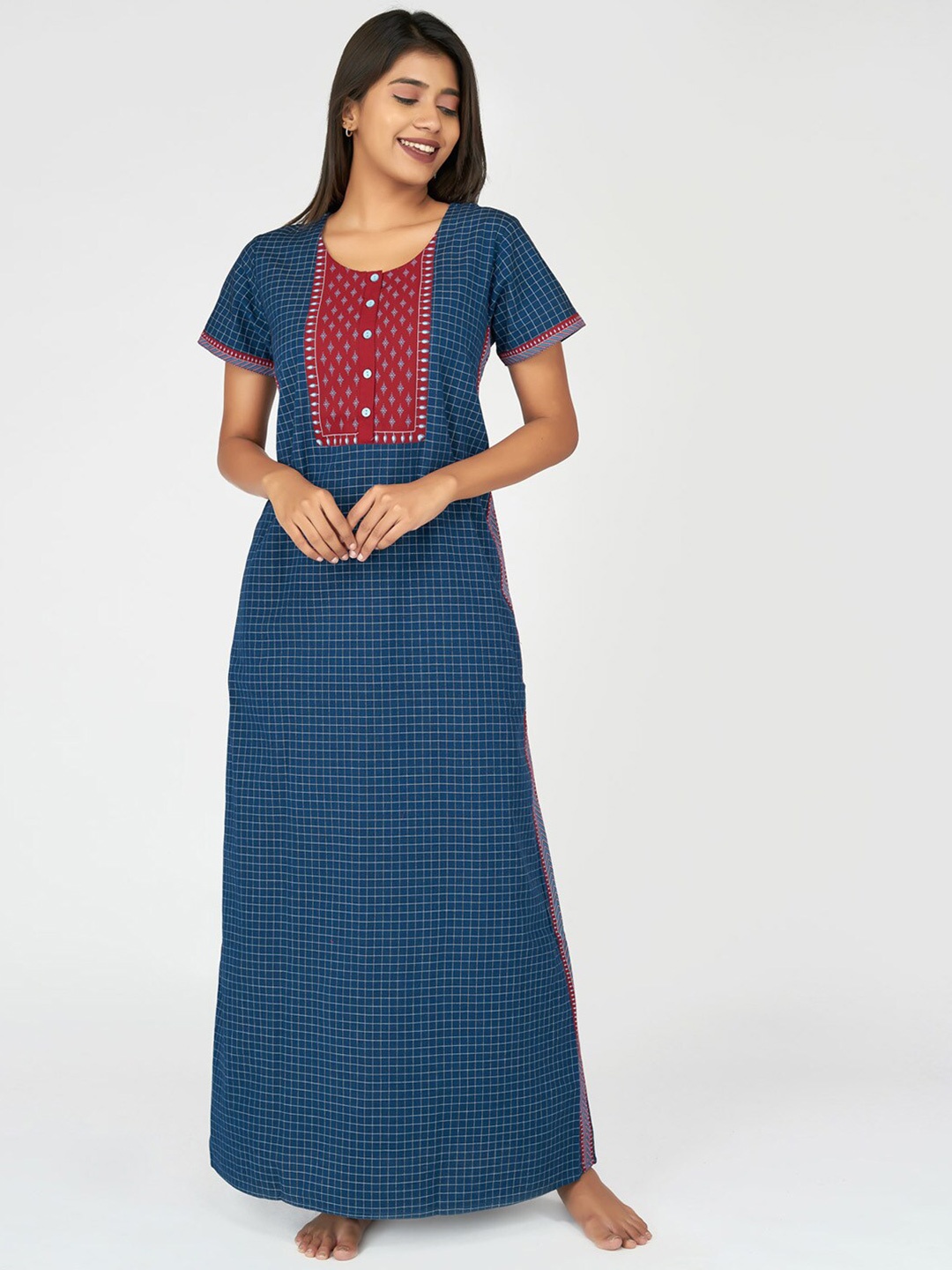 

Maybell Blue Checked & Minimal Printed Maxi Nightdress NTY03190122BLUM-Blue