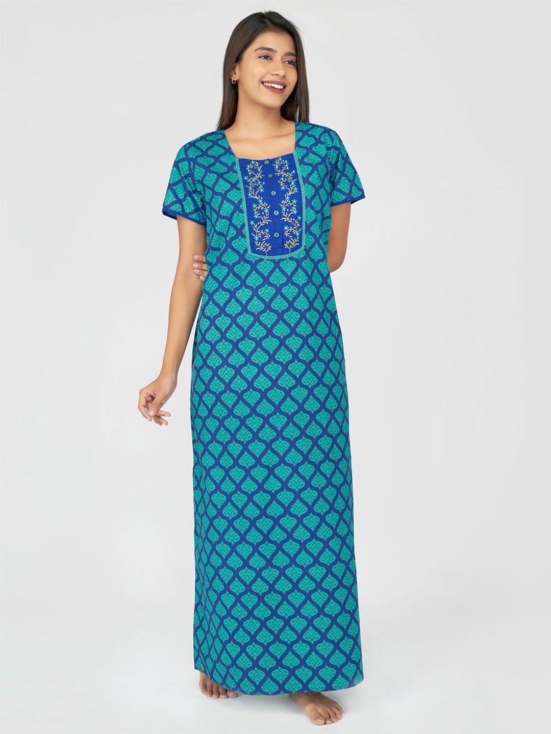 

Maybell Women Blue Embroidered Maxi Nightdress