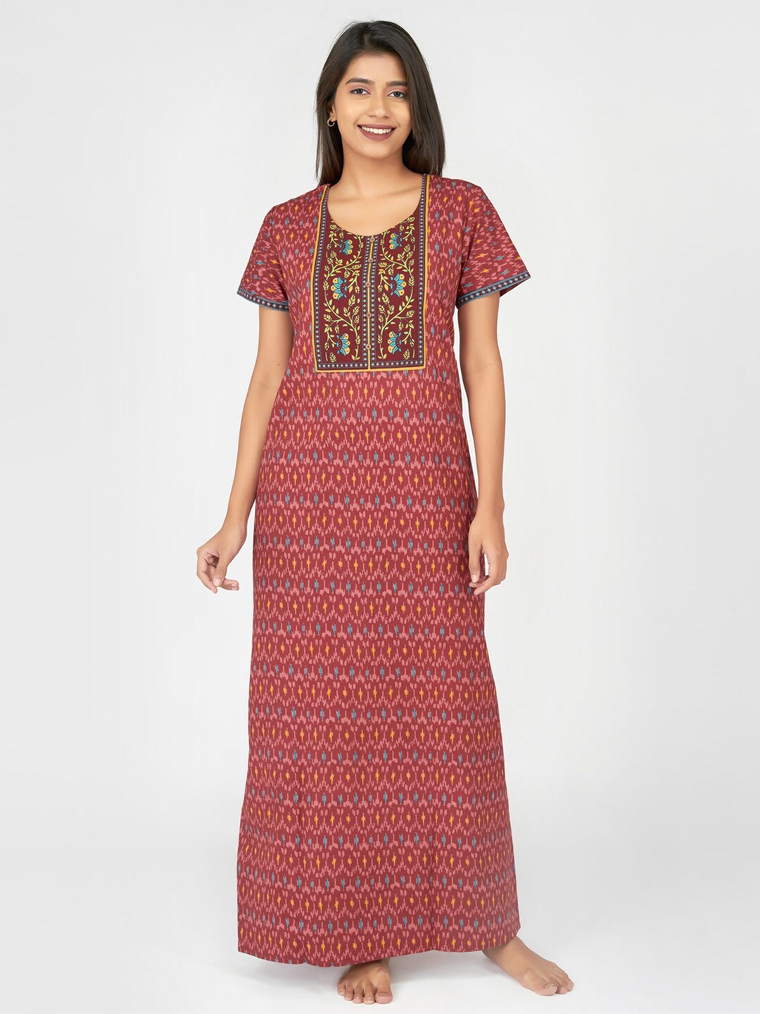 

Maybell Maroon Printed Maxi Nightdress