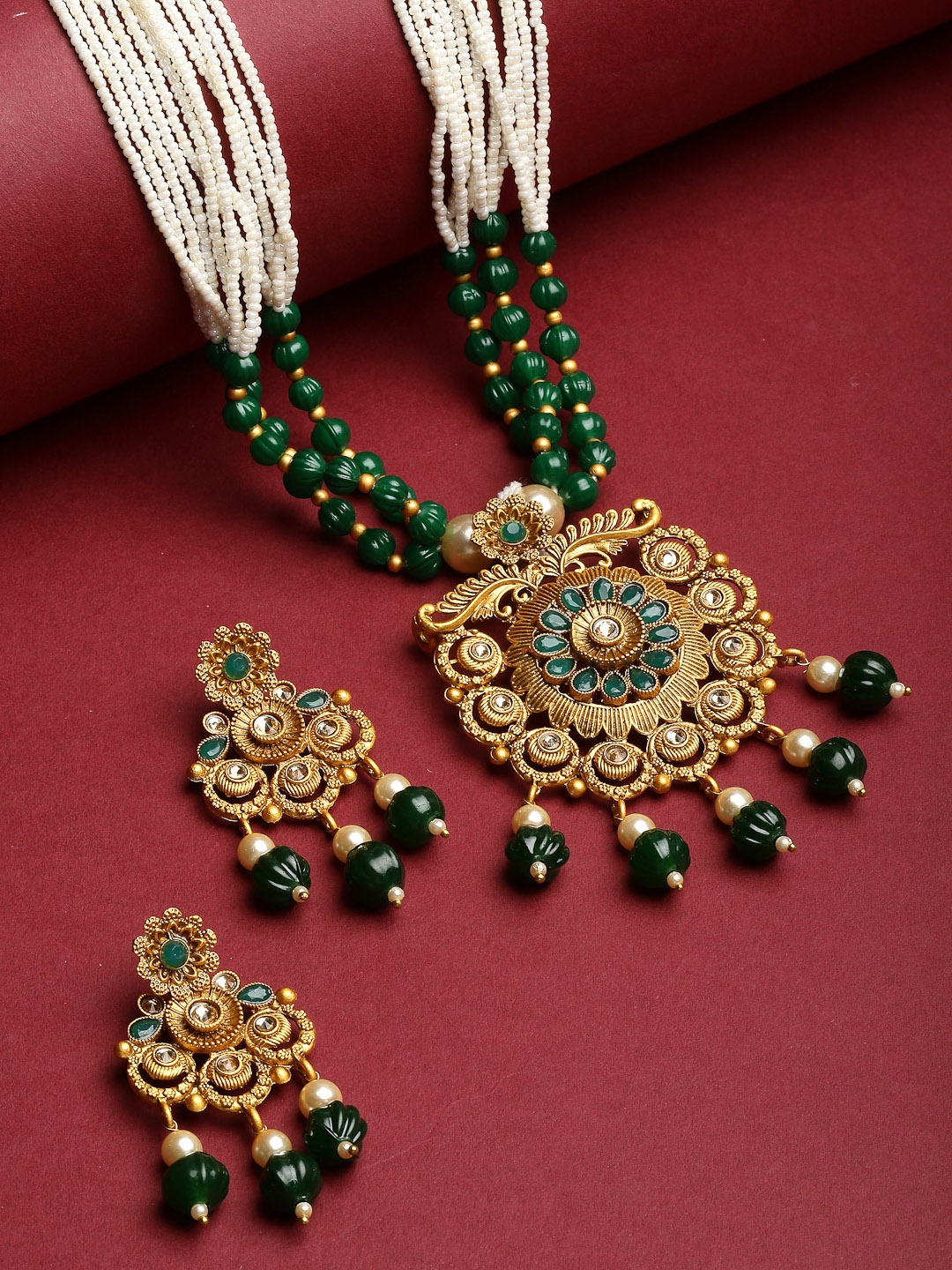 

PANASH Gold-Plated Green & White Stone-Studded & Pearl-Beaded Jewellery Set