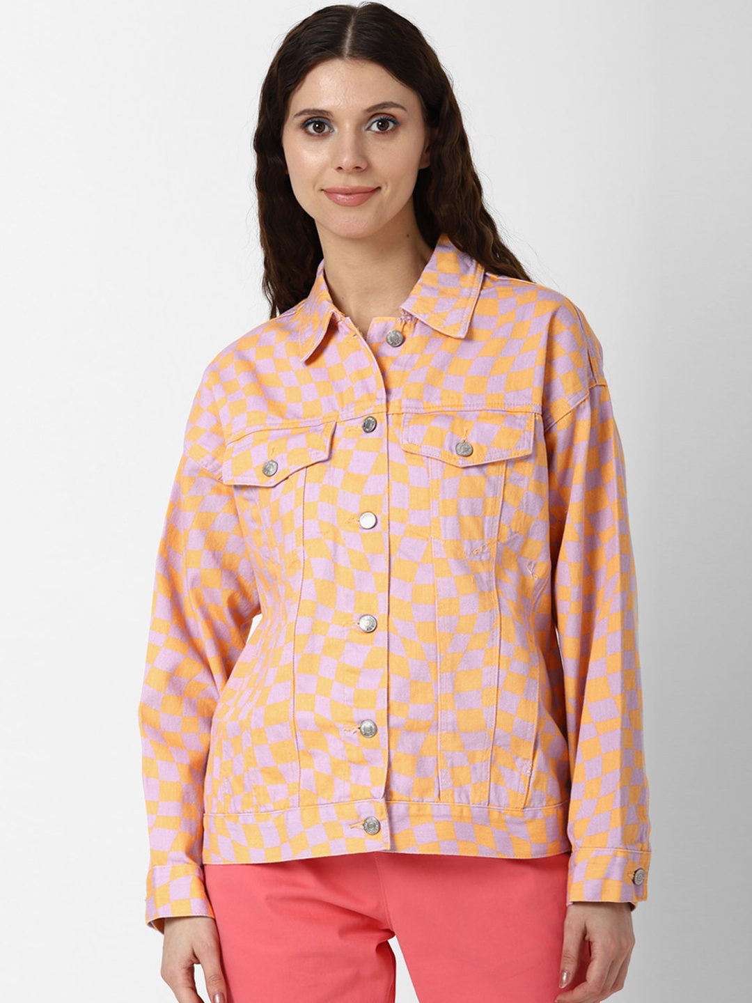 

FOREVER 21 Women Orange & Light Purple Checked Cotton Tailored Jacket