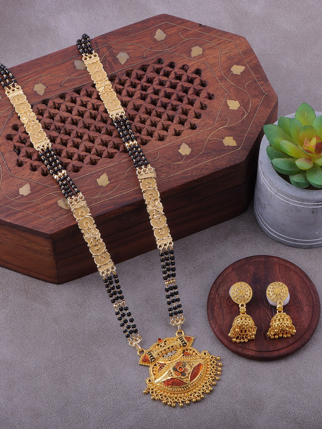 

Brandsoon Black Gold-Plated Black Beaded Mangalsutra & Earring Set