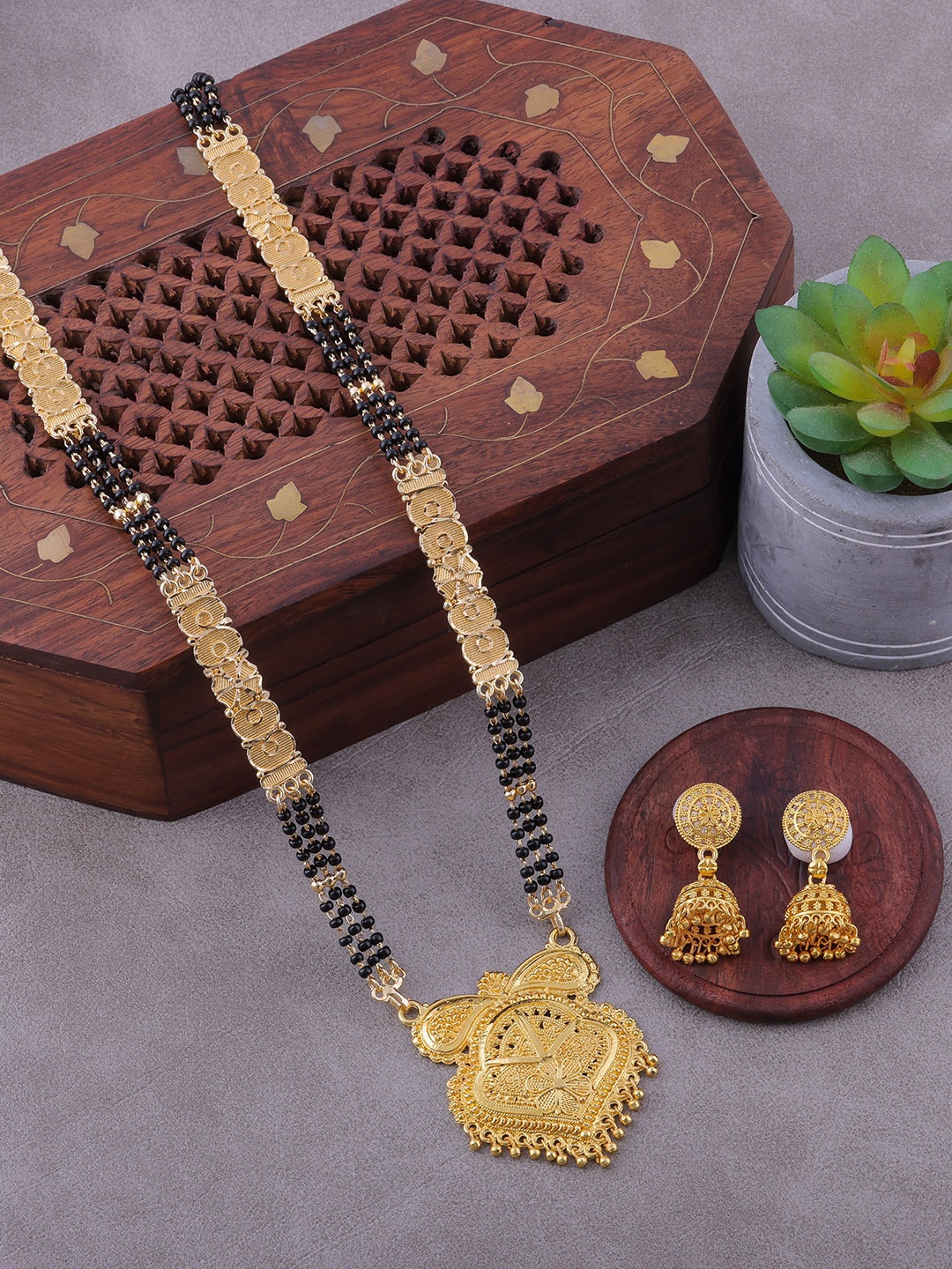 

Brandsoon Gold-Plated & Black Beaded Mangalsutra With Earrings