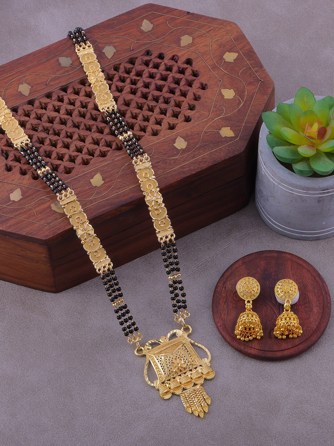 

Brandsoon Gold-Plated Black Beaded Mangalsutra With Earrings