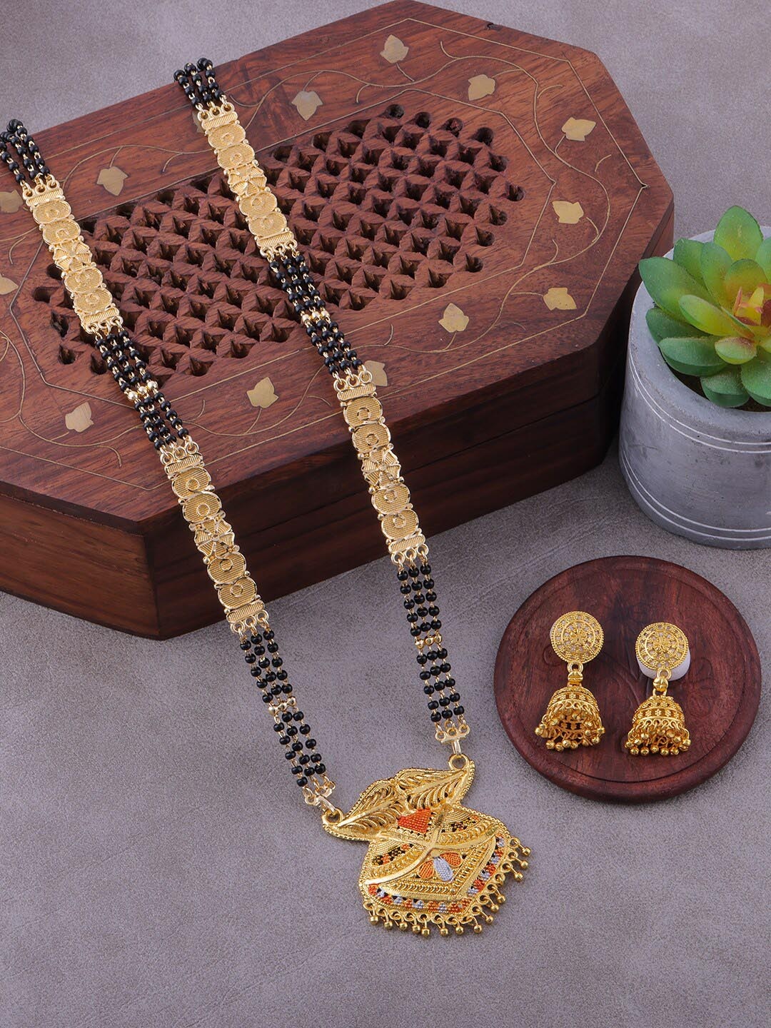 

Brandsoon Gold-Plated & Black Beaded Mangalsutra With Earrings