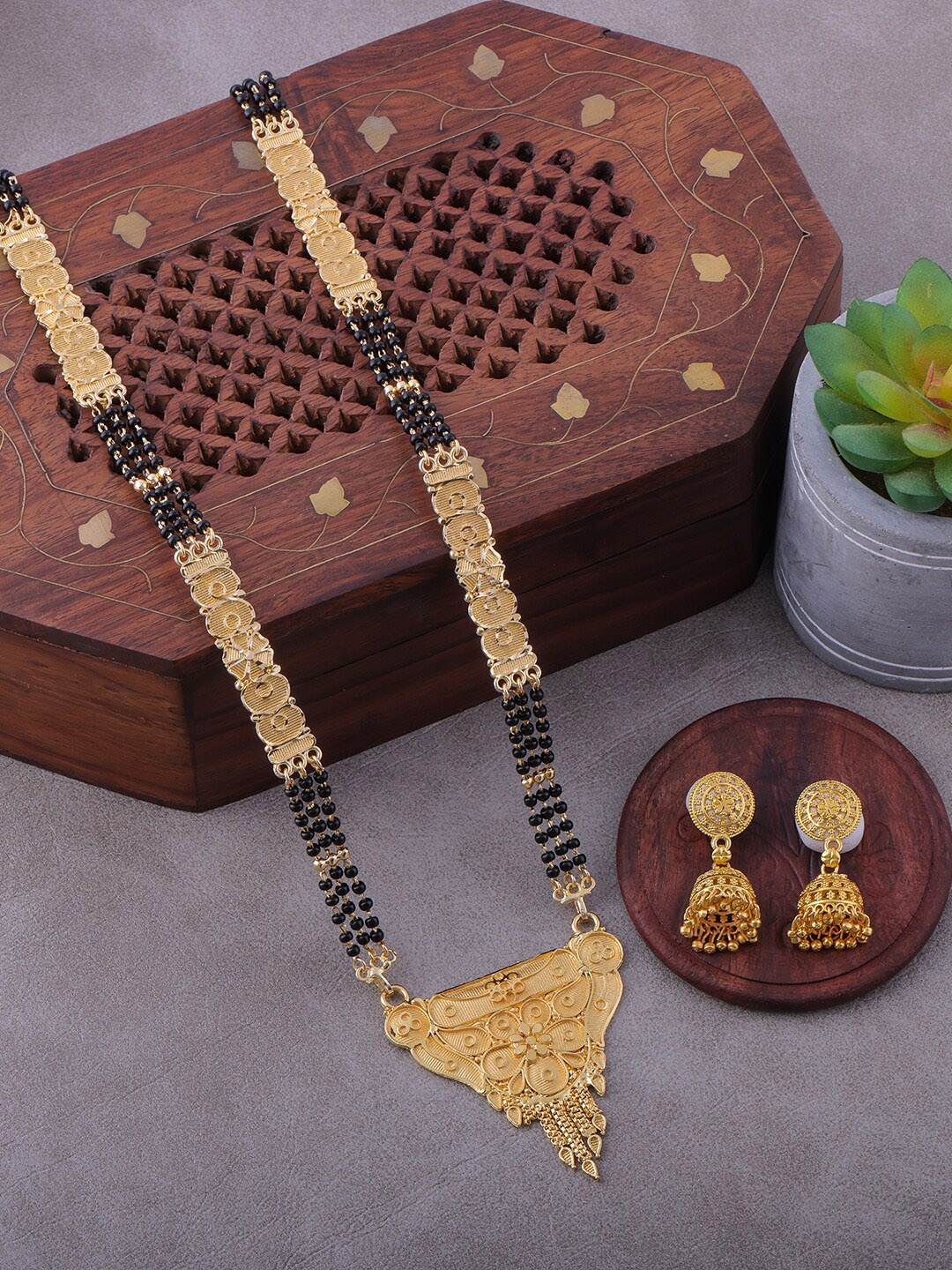 

Brandsoon Women Gold-Plated & Black Beaded Traditional Mangalsutra With Earrings