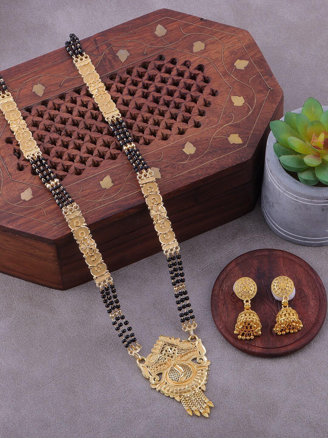 

Brandsoon Gold-Plated & Black Beaded Mangalsutra With Earrings