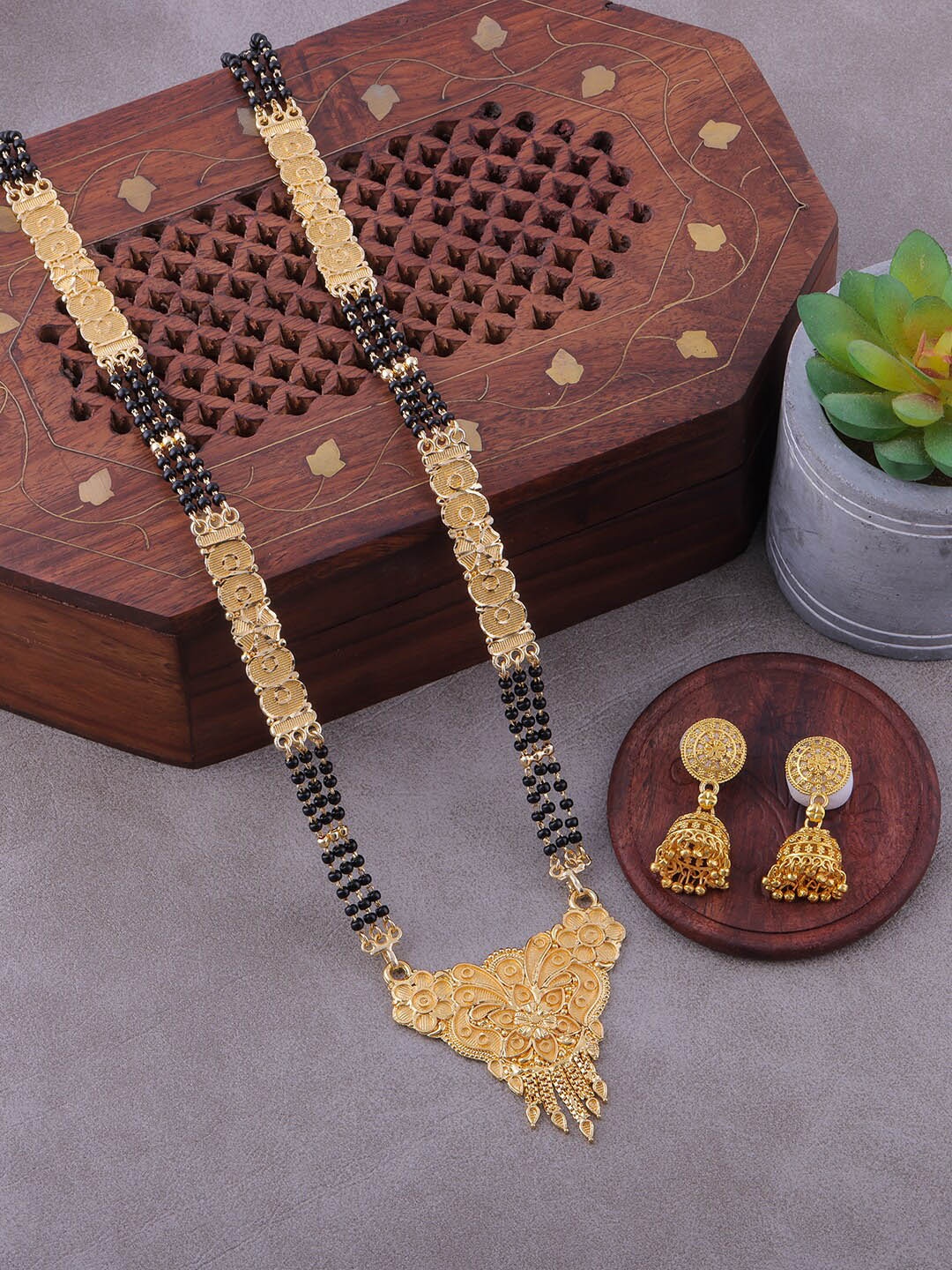 

Brandsoon Gold-Plated Black Beaded Mangalsutra With Earrings