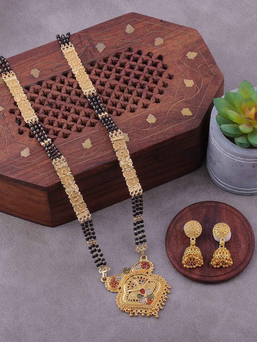 

Brandsoon Black Gold-Plated Beaded Mangalsutra With Earrings