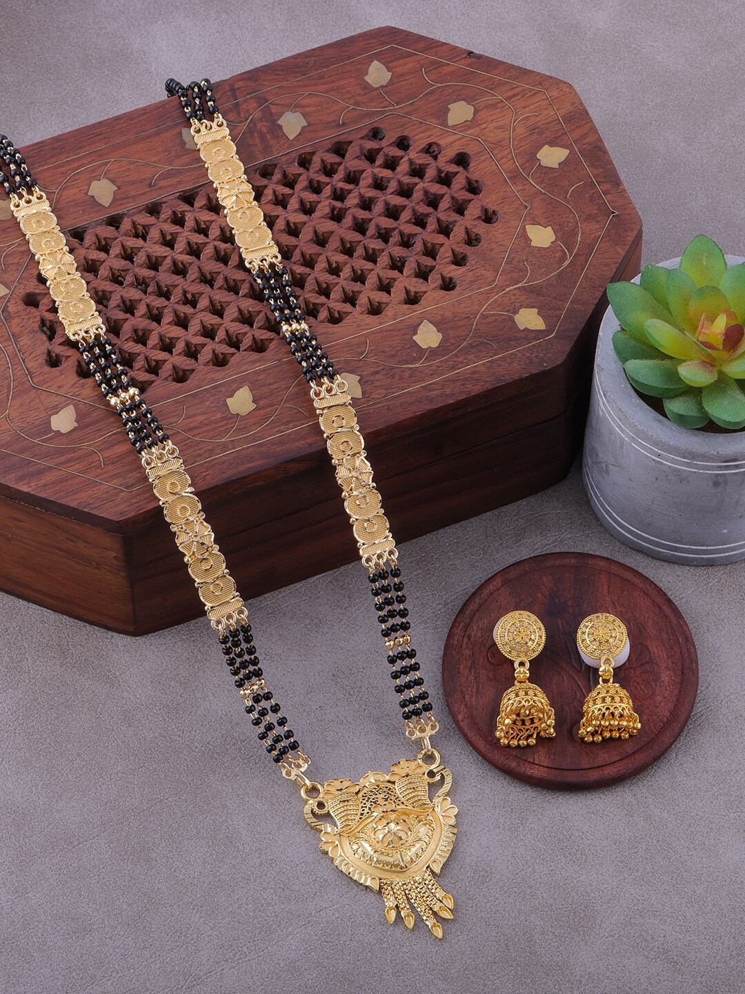 

Brandsoon Gold-Plated & Black Beaded Mangalsutra With Earrings