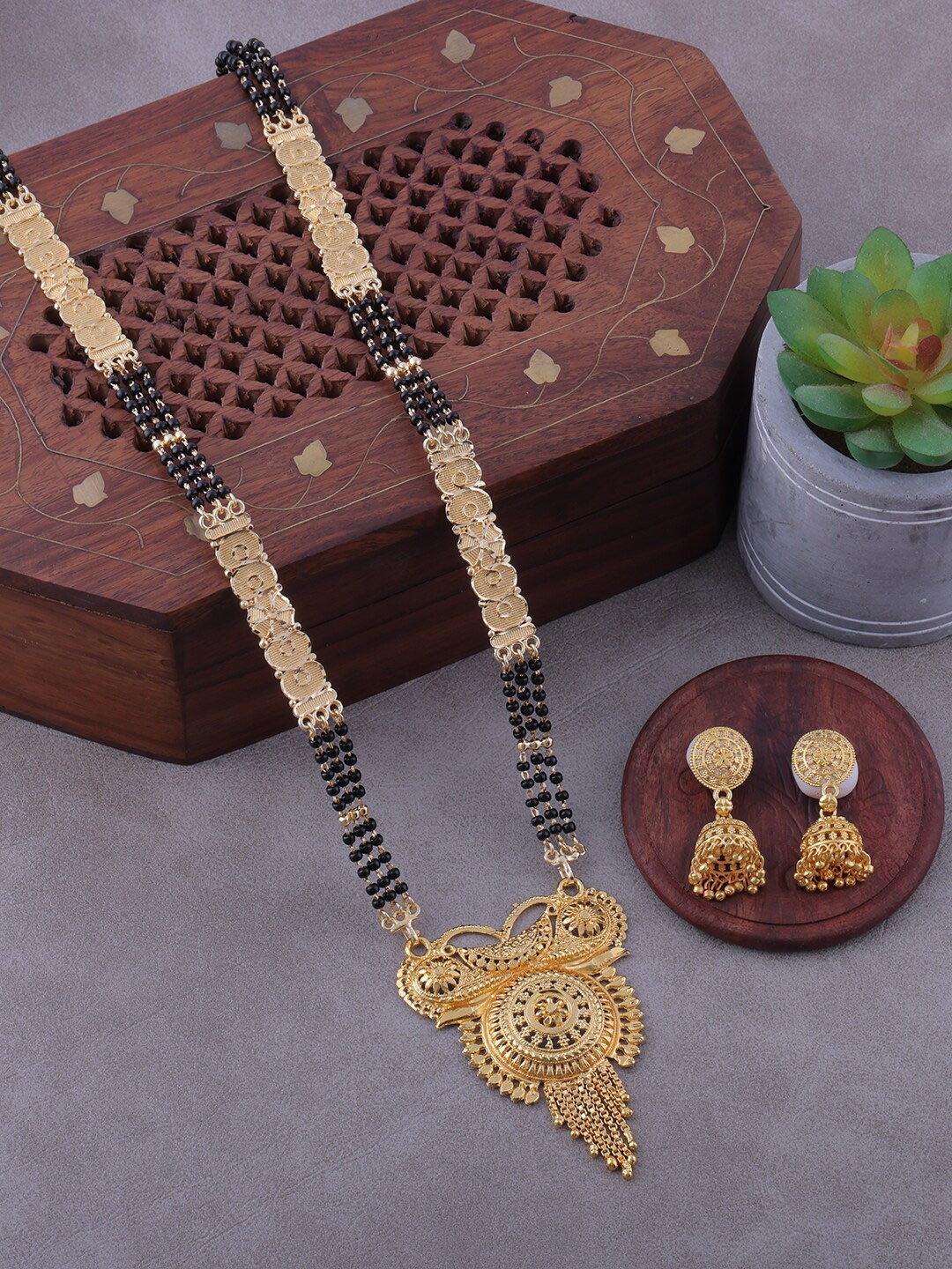 

Brandsoon Gold-Plated Black Beaded Mangalsutra WIth Earrings