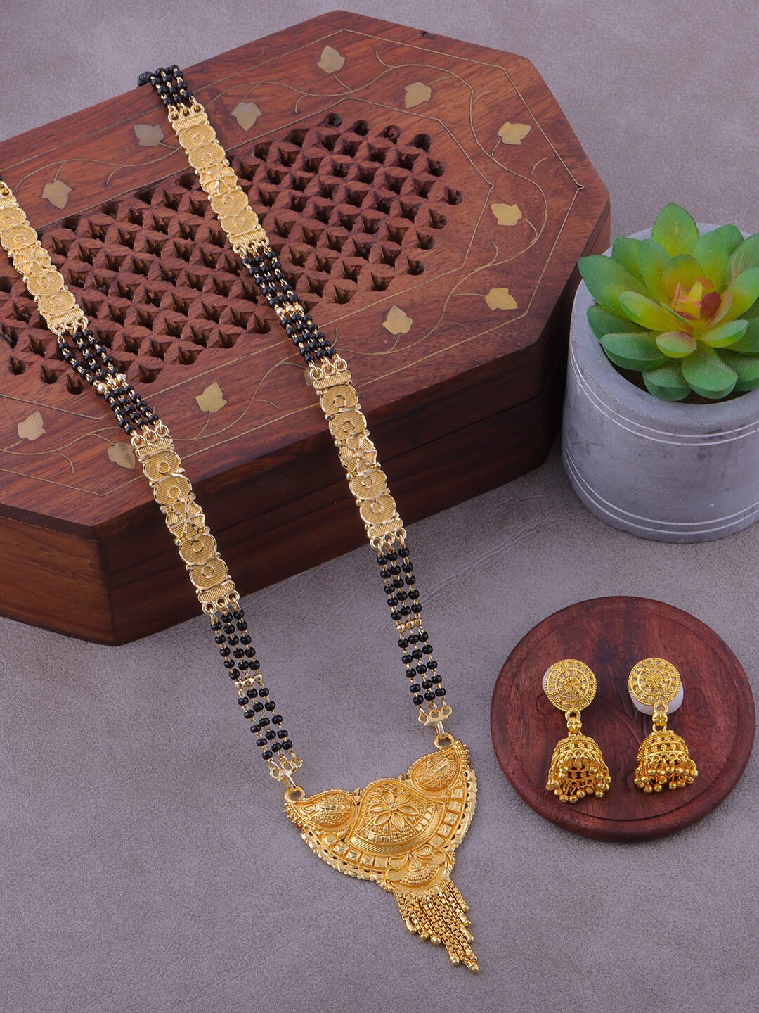 

Brandsoon Gold-Plated Black Beaded Mangalsutra WIth Earrings