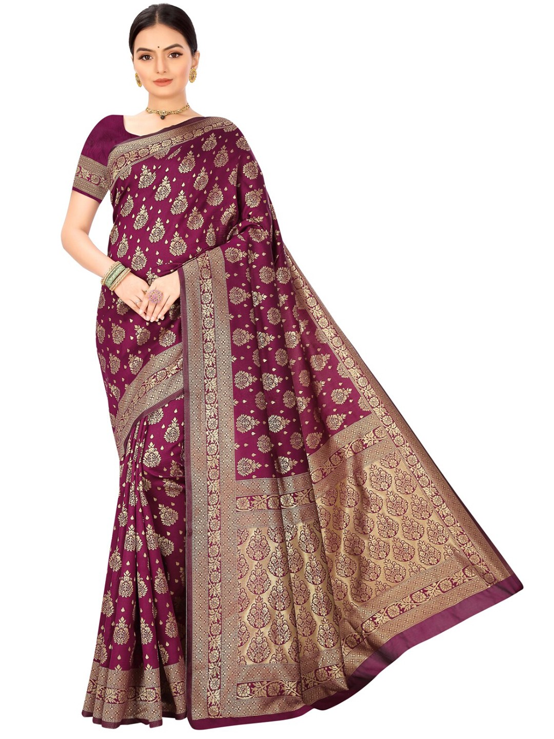 

Nimayaa Purple & Gold-Toned Ethnic Motifs Zari Silk Blend Banarasi Saree