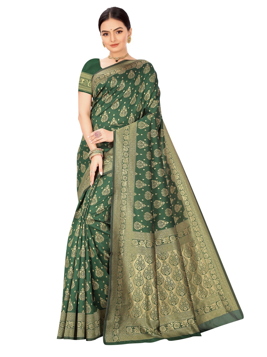 

Nimayaa Green & Gold-Toned Ethnic Motifs Zari Silk Blend Banarasi Saree