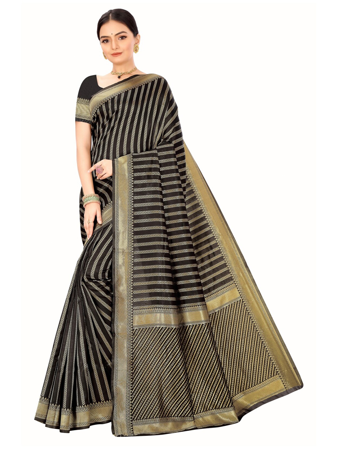 

Nimayaa Black & Gold-Toned Striped Zari Silk Blend Banarasi Saree