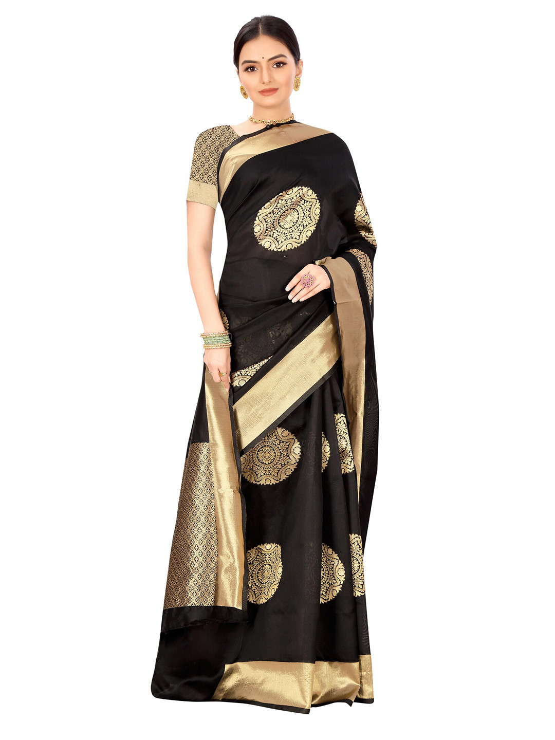 

Nimayaa Black & Gold-Toned Ethnic Motifs Zari Silk Blend Banarasi Saree