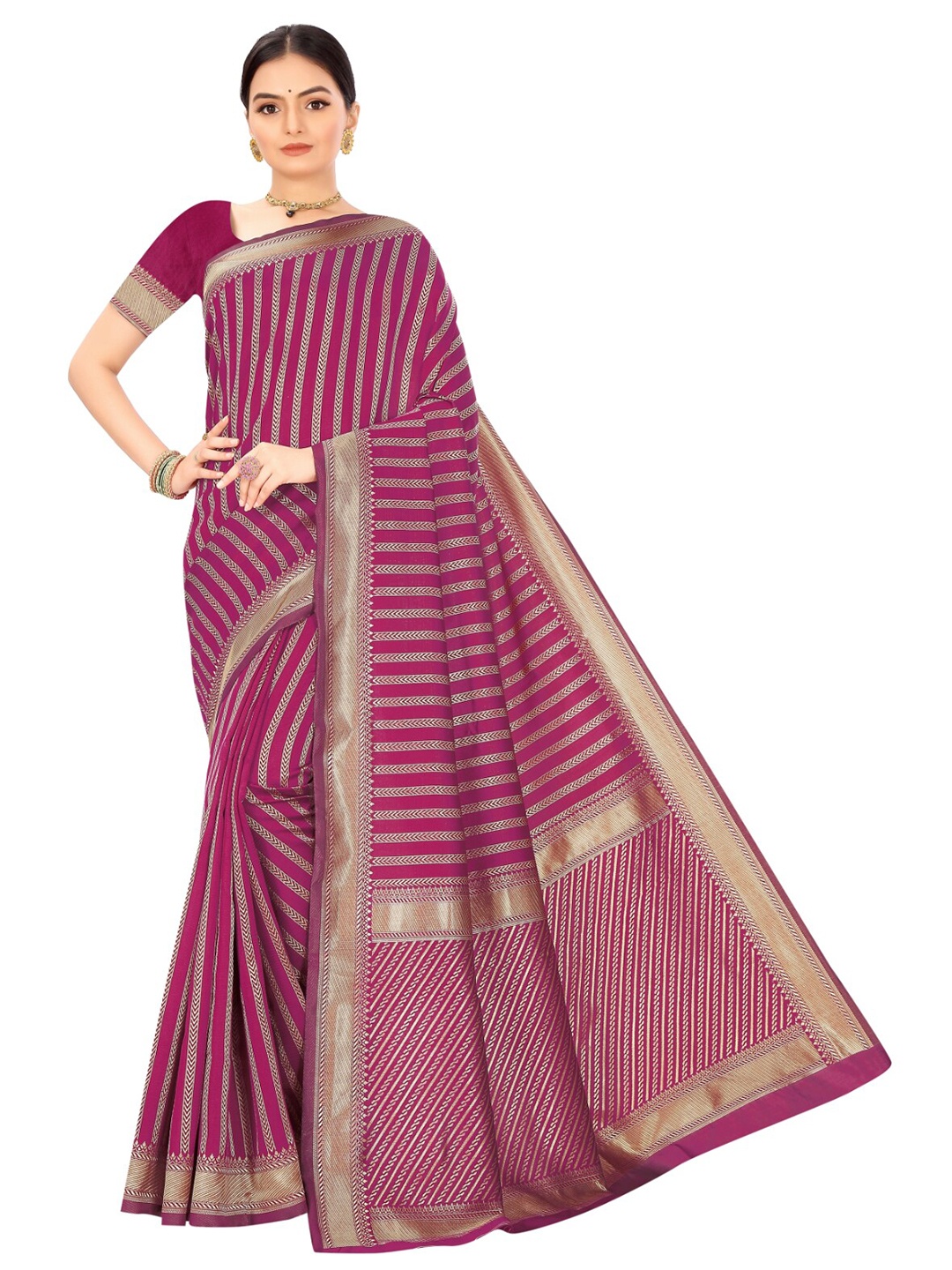 

Nimayaa Pink & Gold-Toned Striped Zari Silk Blend Banarasi Saree
