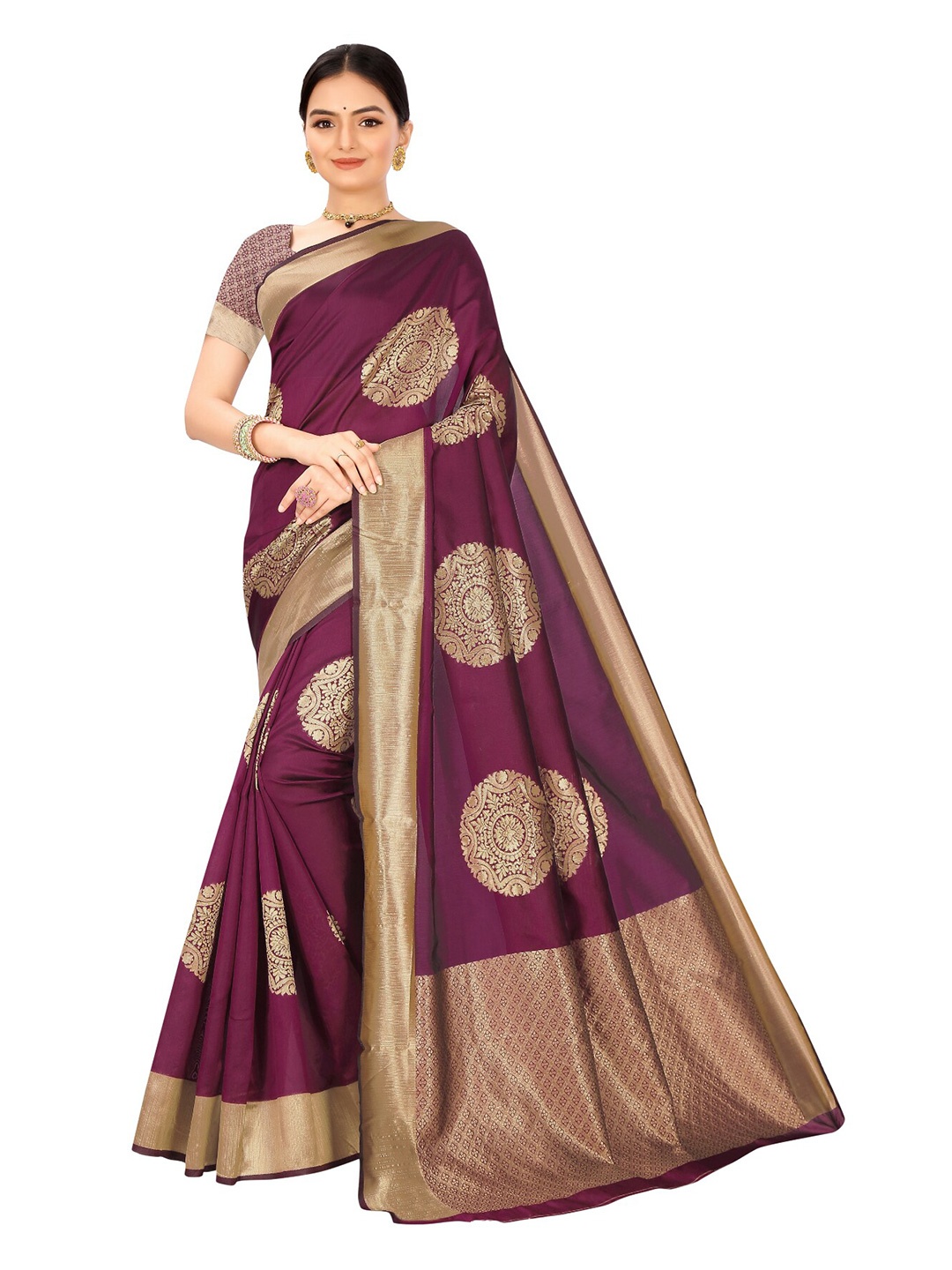 

Nimayaa Purple & Gold-Toned Ethnic Motifs Zari Silk Blend Banarasi Saree