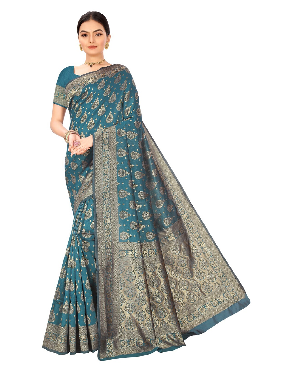 

Nimayaa Teal & Gold-Toned Ethnic Motifs Zari Silk Blend Banarasi Saree