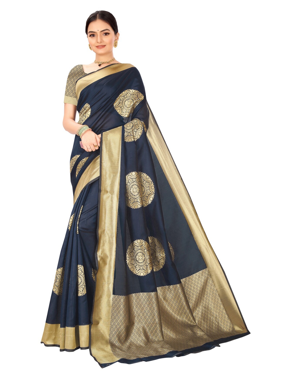 

Nimayaa Navy Blue & Gold-Toned Ethnic Motifs Zari Silk Blend Banarasi Saree