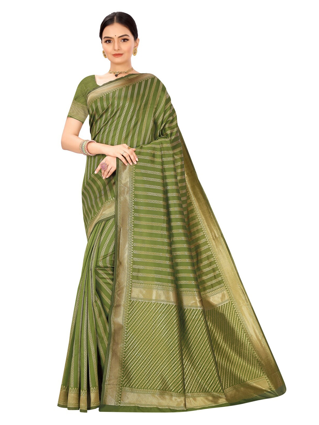 

Nimayaa Green & Gold-Toned Striped Zari Silk Blend Banarasi Saree