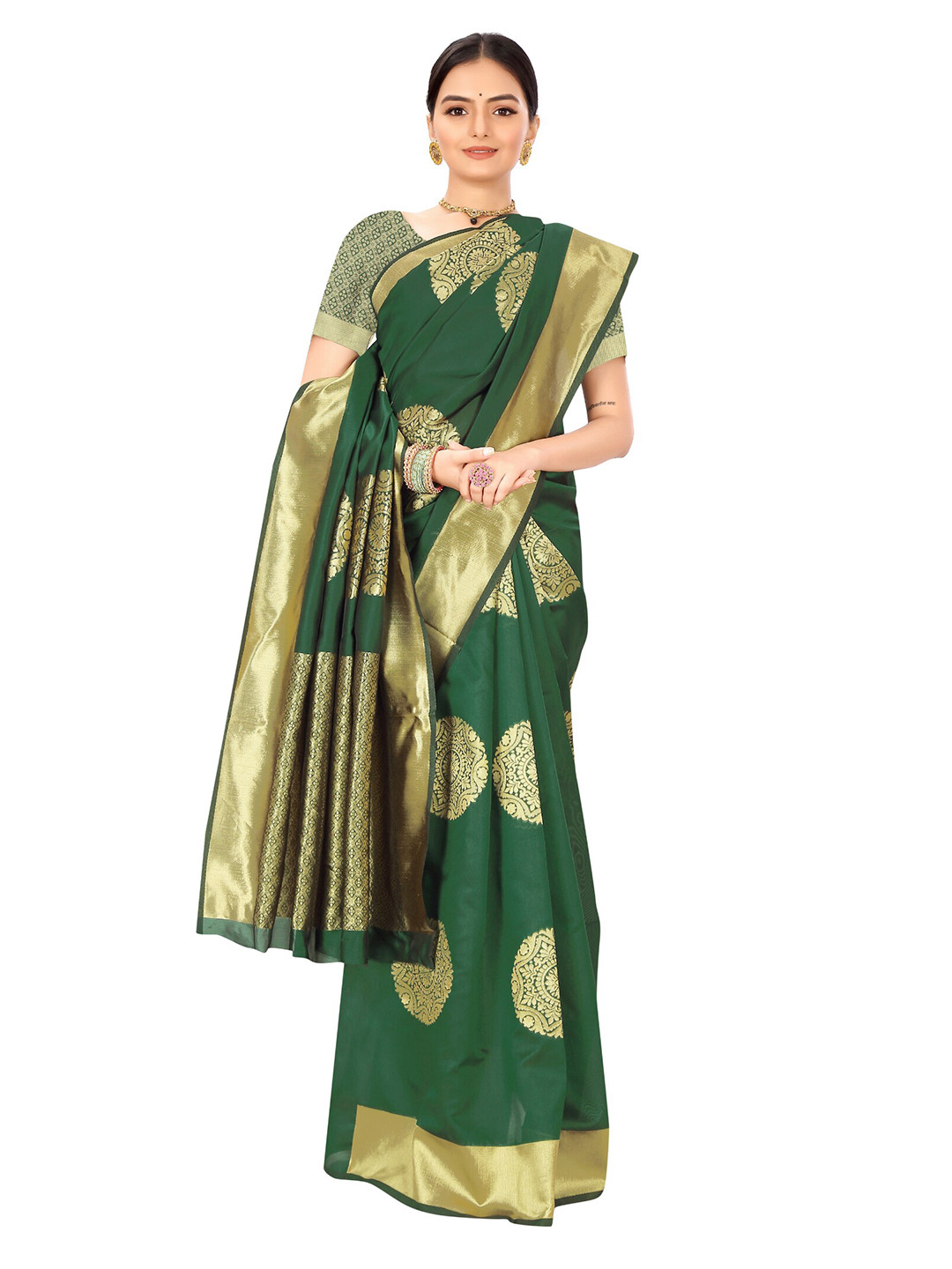 

Nimayaa Green & Gold-Toned Ethnic Motifs Zari Silk Blend Banarasi Saree