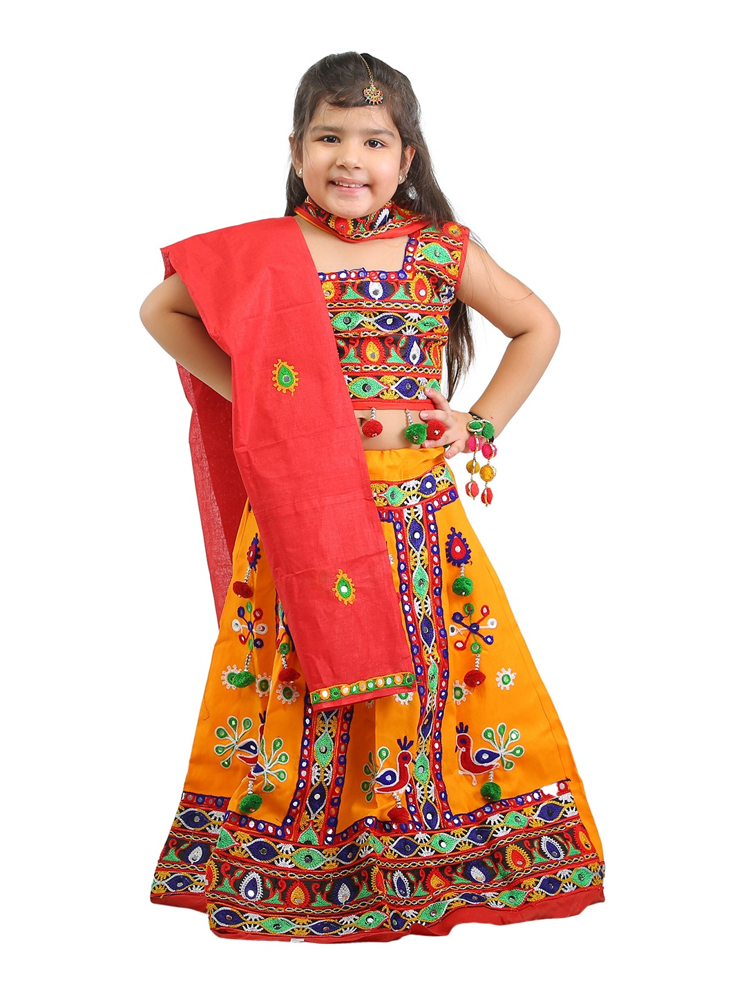 

ahhaaaa Girls Yellow & Red Embellished Ready to Wear Lehenga & Blouse With Dupatta
