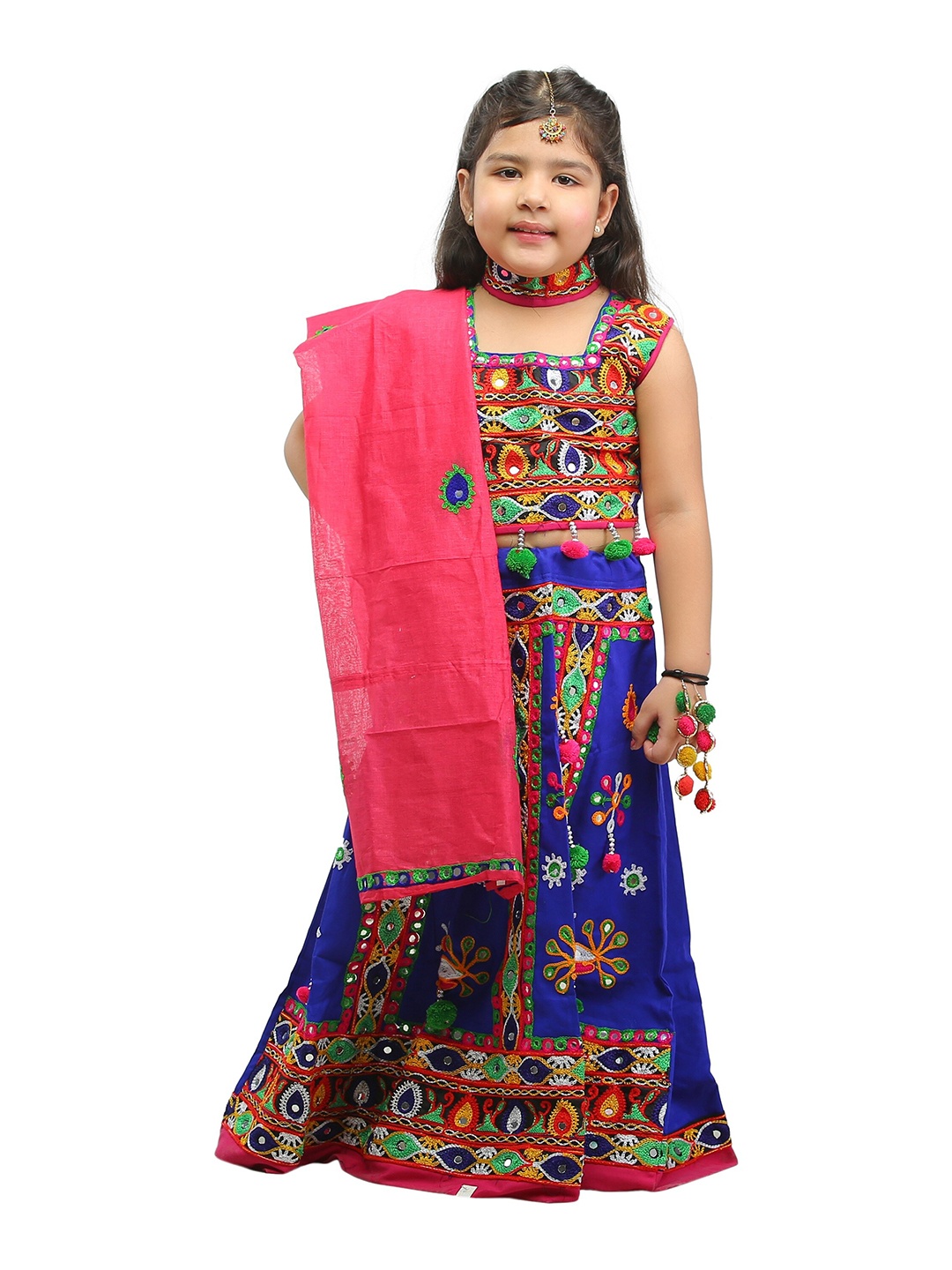 

ahhaaaa Girls Blue & Green Embellished Ready to Wear Lehenga & Blouse With Dupatta