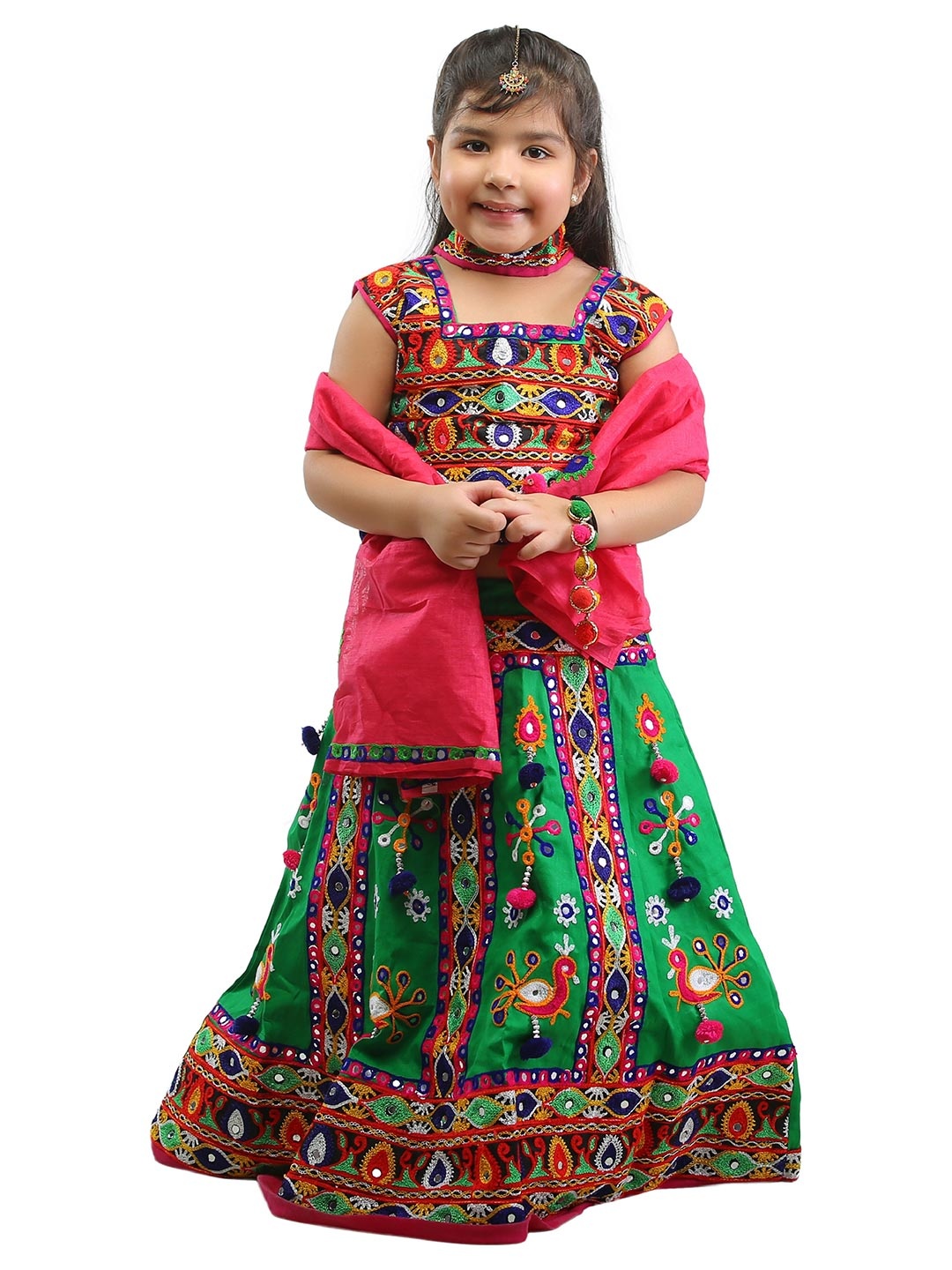 

ahhaaaa Girls Green & Pink Embellished Ready to Wear Lehenga & Blouse With Dupatta
