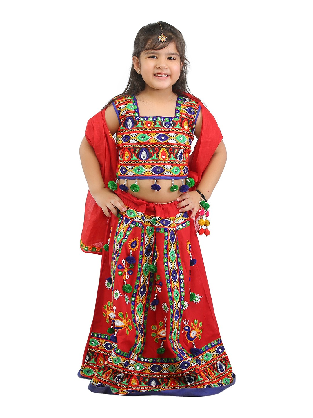 

ahhaaaa Girls Red & Green Embellished Ready to Wear Lehenga & Blouse With Dupatta