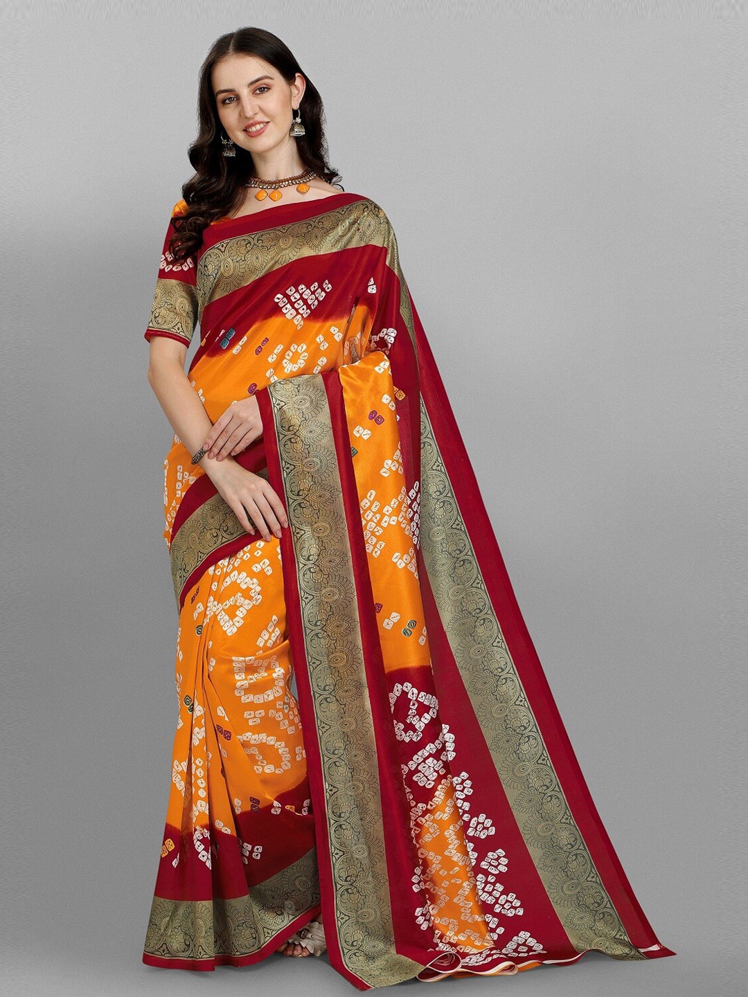 

Fashion Basket Maroon & Orange Bandhani Printed Saree