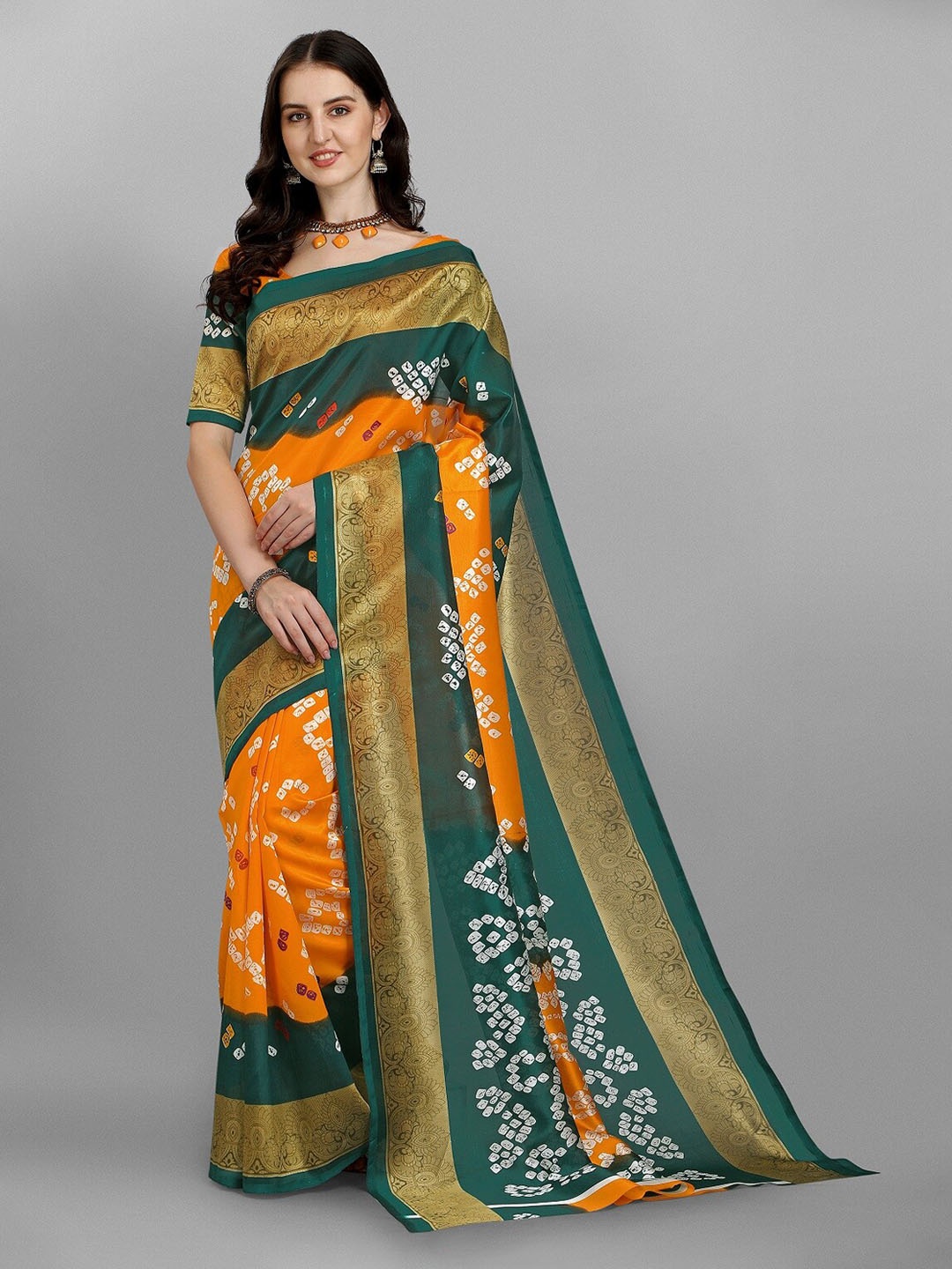 

Fashion Basket Green & Orange Bandhani Silk Blend Saree