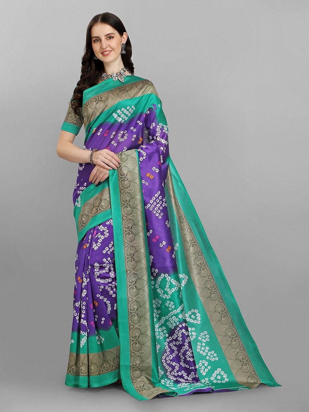 

Fashion Basket Purple & Green Bandhani Silk Blend Saree