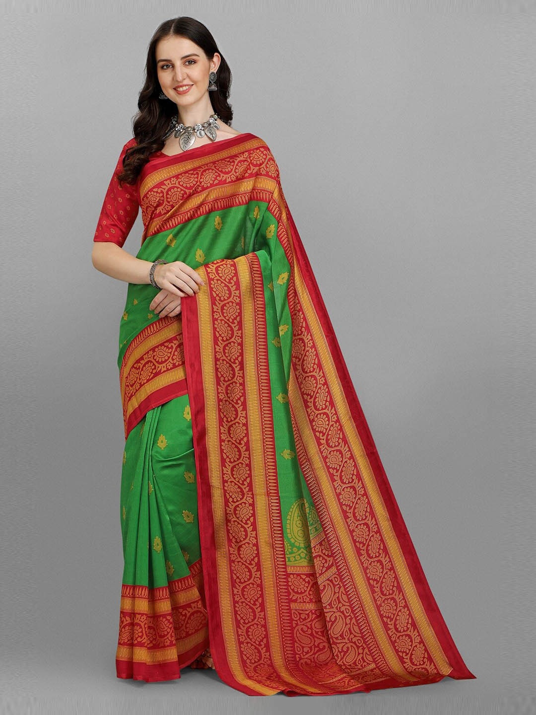 

Fashion Basket Red & Green Ethnic Motifs Printed Saree