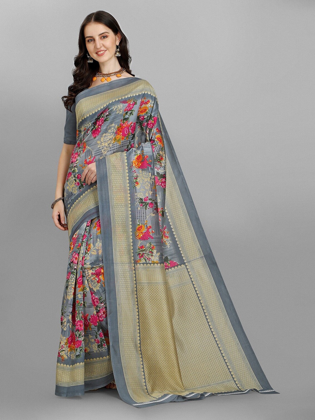 

Fashion Basket Grey & Gold-Toned Floral Art Silk Saree