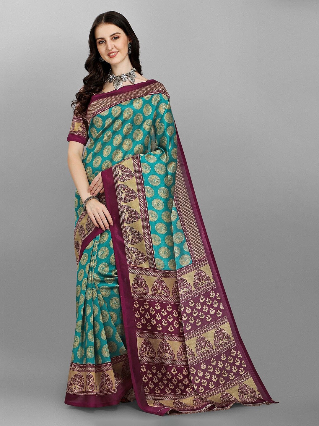 

Fashion Basket Blue & Maroon Ethnic Motifs Lichi Silk Saree