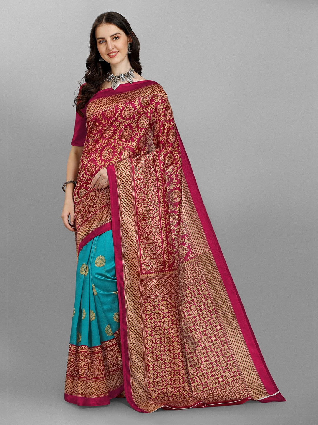 

Fashion Basket Fuchsia & Blue Ethnic Motifs Lichi Silk Saree