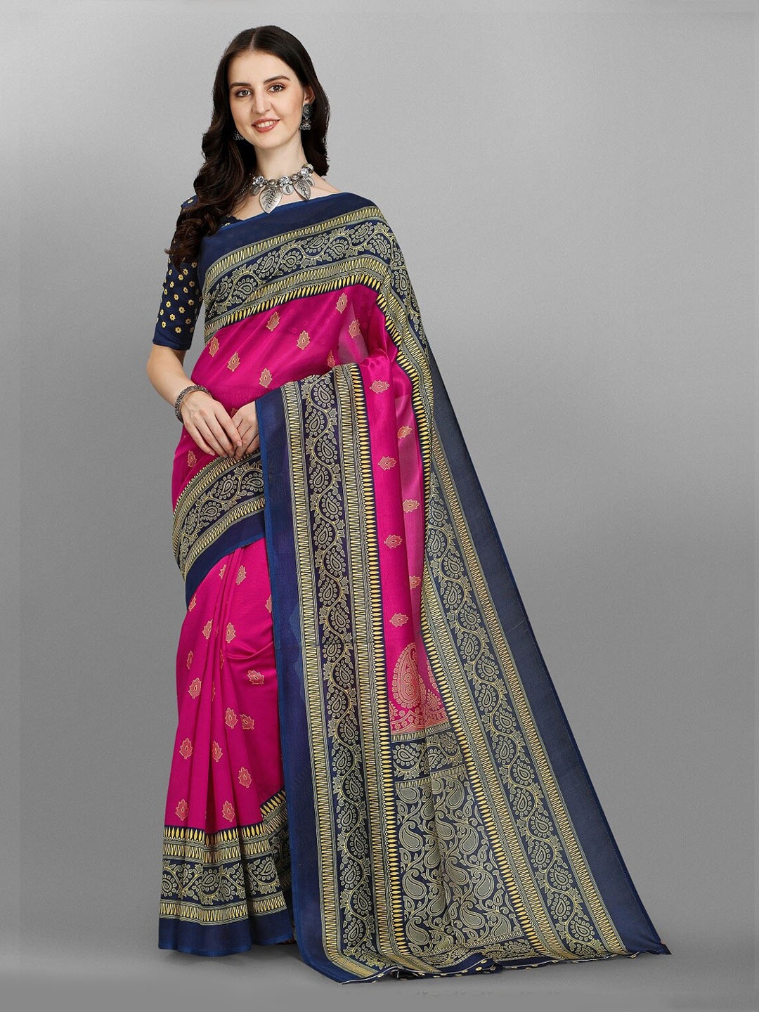 

Fashion Basket Pink & Blue Ethnic Motifs Silk Blend Saree