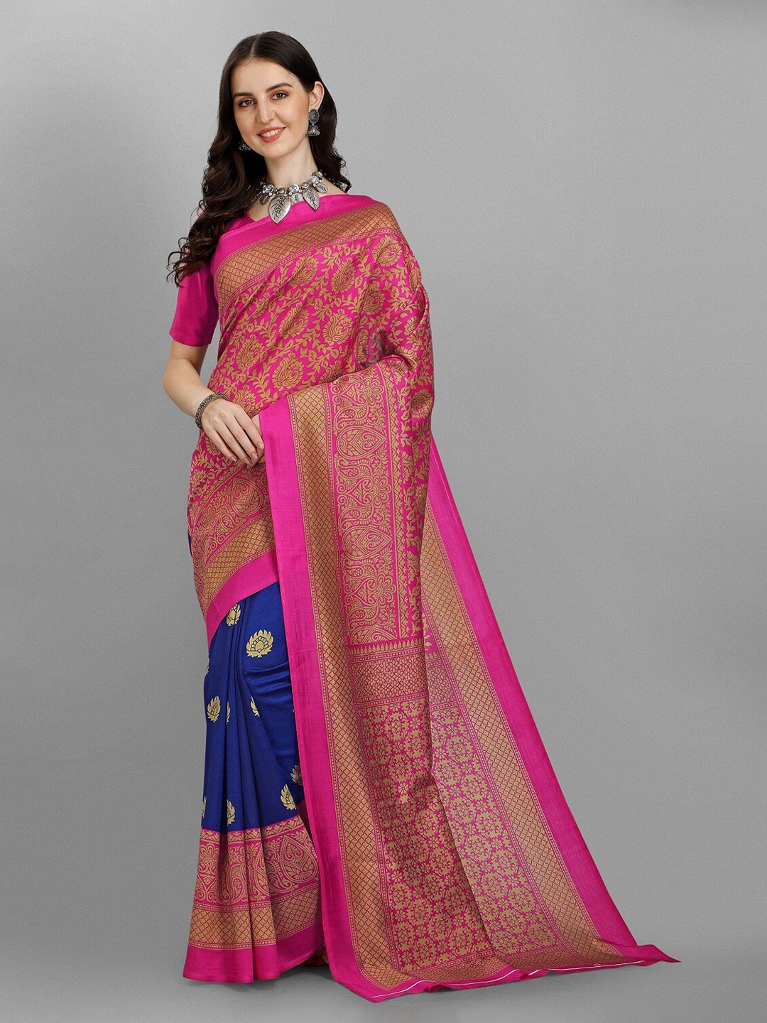 

Fashion Basket Pink & Blue Ethnic Motifs Silk Blend Saree