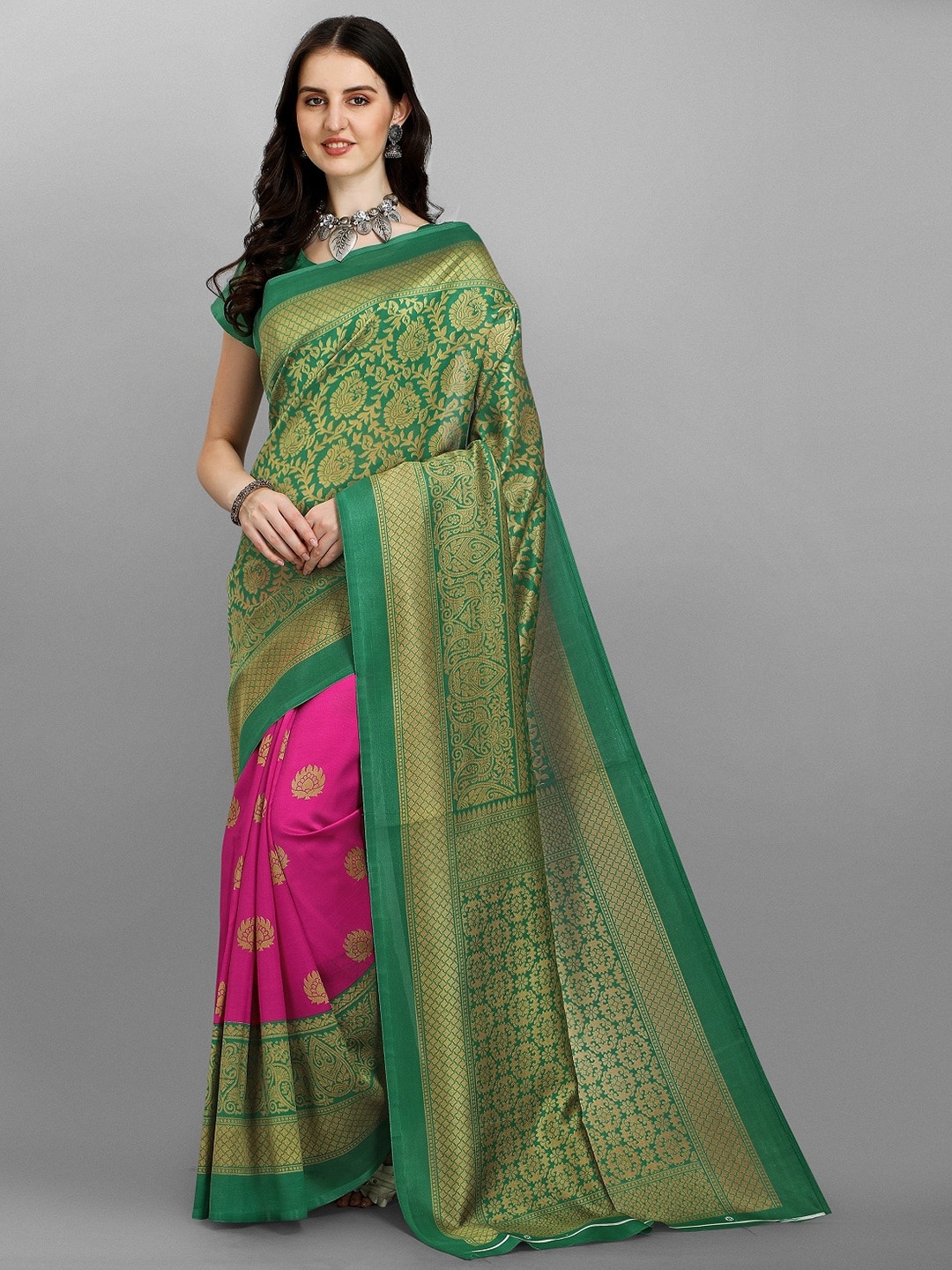 

Fashion Basket Green & Pink Ethnic Motifs Silk Blend Saree