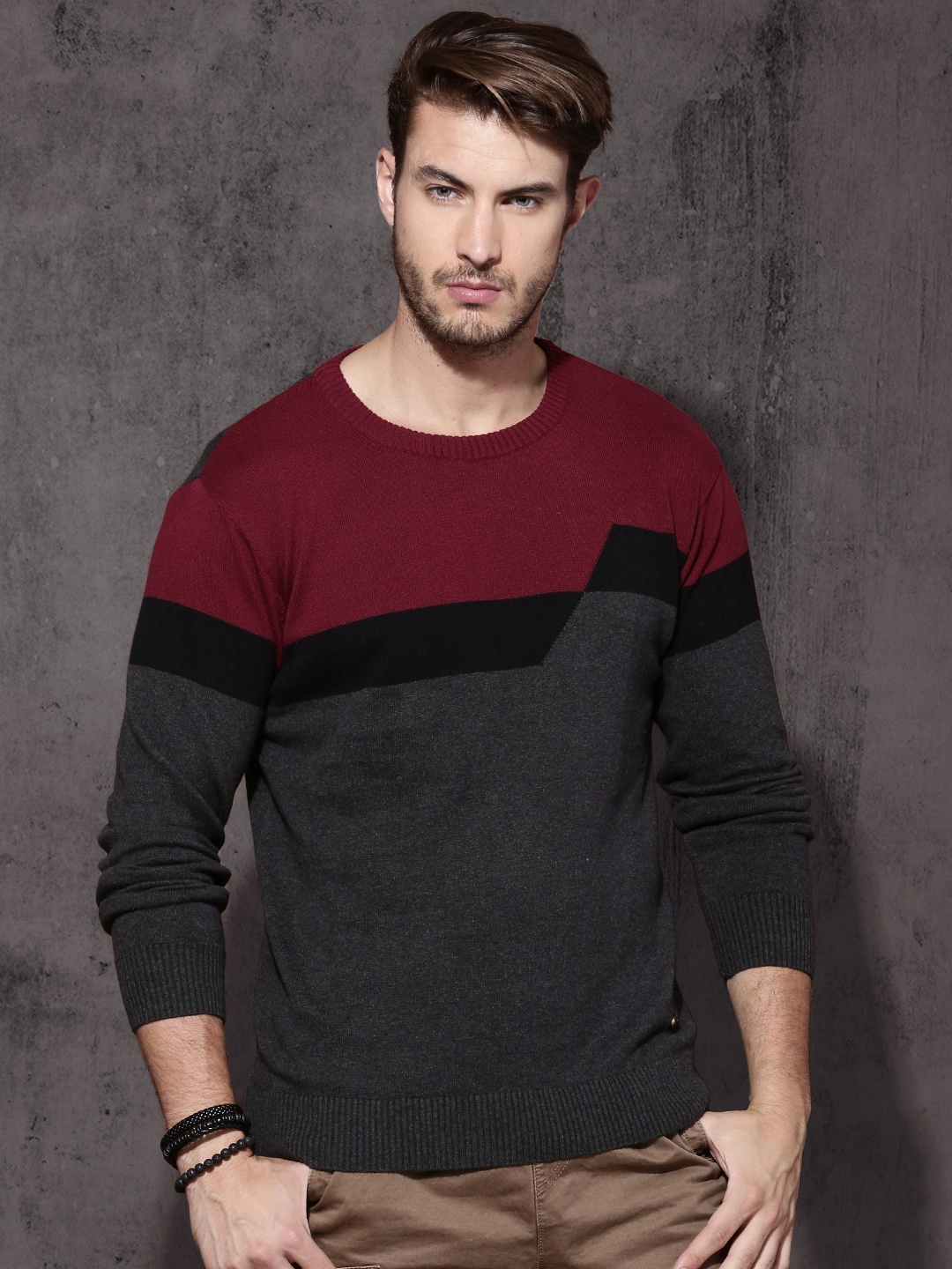 

Roadster Men Charcoal Grey & Red Colourblocked Pullover