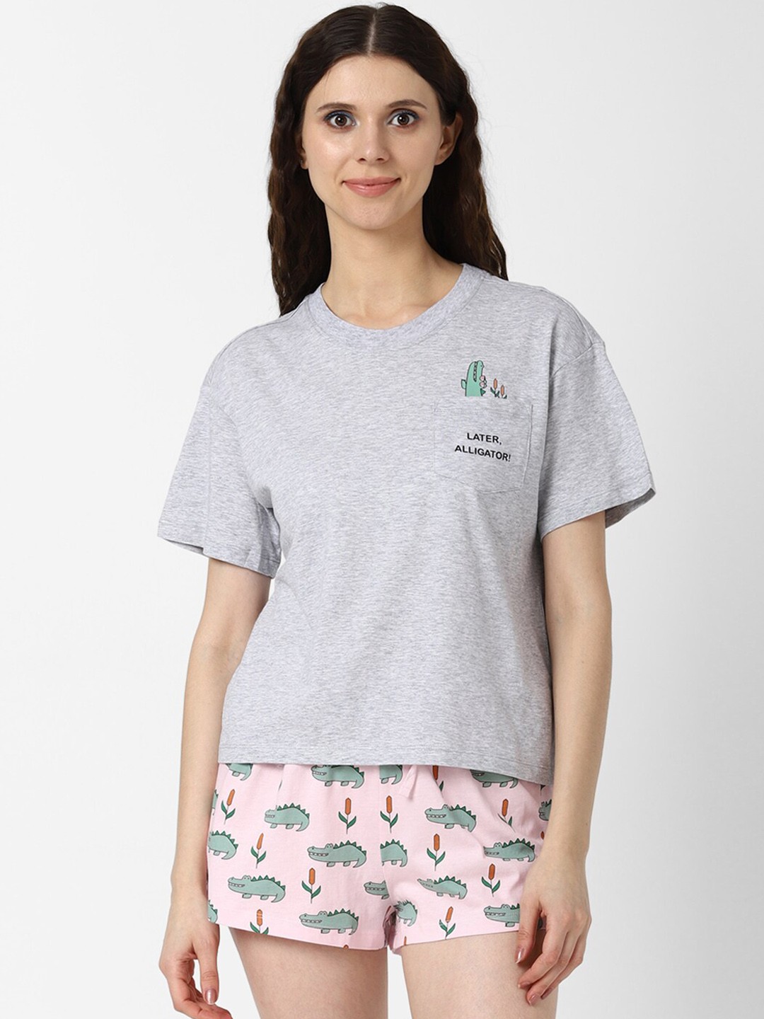 

FOREVER 21 Women Grey & Pink Solid Cotton Night Suit